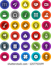 White Solid Icon Set- broom vector, washer, sink, water tap, pan, kettle, skimmer, toaster, drawing compass, paper pin, flask, hand trainer, horizontal bar, headphones, classic phone, patch, server
