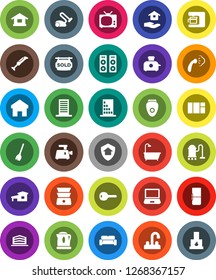 White Solid Icon Set- broom vector, vacuum cleaner, steaming, house hold, water tap, double boiler, home, cottage, sold signboard, office building, key, bath, cushioned furniture, fridge, tv, kettle