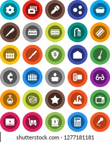 White Solid Icon Set- broom vector, welcome mat, foam basin, shower, water tap, glasses, pen, calculator, credit card, cent sign, hoop, cargo, microphone, tv, video camera, notebook pc, favorites