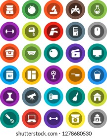 White Solid Icon Set- broom vector, water tap, fetlock, bucket, car, colander, whisk, mixer, double boiler, telescope, microscope, flask, barbell, fitball, cinema clap, dishwasher, multi cooker, fan