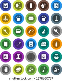 White Solid Icon Set- broom vector, vacuum cleaner, mop, bucket, sponge, car fetlock, steaming, washer, washing powder, cleaning agent, rubber glove