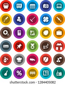 White Solid Icon Set- broom vector, rake, cook hat, glove, notebook pc, leaf, case, calendar, medal, oxygen, protected, barcode, route, speaking man, thumbtack, dropper, patch, potion, server, login