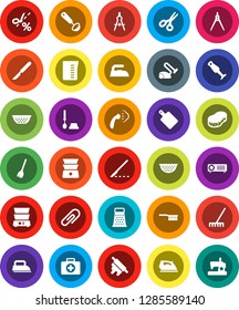 White Solid Icon Set- broom vector, fetlock, rake, sponge, iron, steaming, toilet brush, colander, measuring cup, ladle, rolling pin, cutting board, grater, double boiler, blender, drawing compass