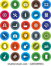 White Solid Icon Set- broom vector, scoop, kettle, blender, bbq, jug, cake, corner ruler, calculator, medal, molecule, target, tie, first aid kit, hoop, phone 24, film frame, camera, thermometer
