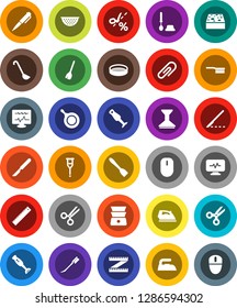 White Solid Icon Set- broom vector, fetlock, sponge, car, iron, toilet brush, pan, colander, spatula, ladle, double boiler, blender, sieve, ruler, pen, scissors, measuring, crutches, scalpel, coupon