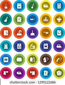 White Solid Icon Set- broom vector, vacuum cleaner, fetlock, scoop, sponge, iron, steaming, drying clothes, washer, sink, water tap, pan, kettle, grater, fridge, dishwasher, oven