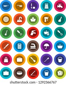 White Solid Icon Set- broom vector, water tap, fetlock, bucket, car, toilet brush, pan, whisk, spatula, grater, sieve, case, umbrella, scalpel, supply, shopping bag, basket, kettle