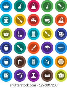 White Solid Icon Set- broom vector, bucket, water tap, car fetlock, toilet brush, pan, kettle, cook press, whisk, spatula, grater, sieve, hand trainer, umbrella, scalpel, supply, shopping bag