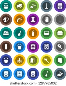 White Solid Icon Set- broom vector, vacuum cleaner, mop, bucket, sponge, car fetlock, steaming, washer, washing powder, cleaning agent, rubber glove