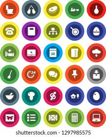 White Solid Icon Set- broom vector, toilet, pan, oil, measuring cup, cook timer, egg, mushroom, steak, copybook, calculator, boxing glove, port, wood box, package, dialog, notebook pc, thumbtack