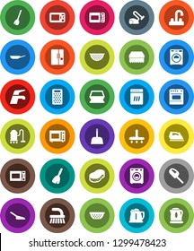White Solid Icon Set- broom vector, water tap, vacuum cleaner, fetlock, scoop, sponge, iron, washer, pan, kettle, colander, grater, microwave oven, fridge, dishwasher