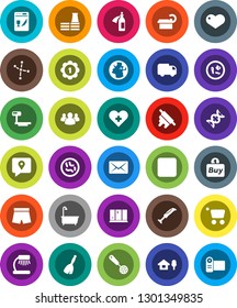 White Solid Icon Set- broom vector, bath, shining window, skimmer, rolling pin, table lamp, constellation, shorts, medal, earth, traking, big scales, group, heart, backward button, cross, dna, mail