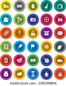 White Solid Icon Set- broom vector, plates, pan, kettle, cereal, steak, chicken leg, school building, atom, abacus, flag, coin stack, sand clock, snickers, cereals, sea container, cargo, no hook, tv