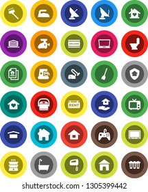 White Solid Icon Set- broom vector, vacuum cleaner, welcome mat, iron, bath, toilet, house hold, dry cargo, tv, home, estate document, rent signboard, office building, love, protect, mixer, gamepad
