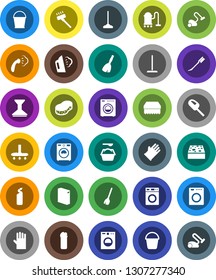 White Solid Icon Set- broom vector, vacuum cleaner, mop, bucket, sponge, car fetlock, steaming, washer, washing powder, cleaning agent, rubber glove