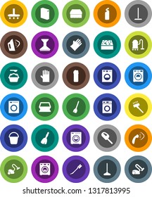 White Solid Icon Set- broom vector, vacuum cleaner, mop, bucket, sponge, car fetlock, steaming, washer, washing powder, cleaning agent, rubber glove