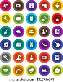 White Solid Icon Set- broom vector, vacuum cleaner, scoop, sponge, iron, steaming, drying clothes, washer, sink, water tap, pan, colander, grater, microwave oven, kettle