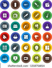 White Solid Icon Set- broom vector, scoop, sponge, steaming, cleaning agent, pan, whisk, knife, rolling pin, mixer, microwave oven, monitor dollar, cinema clap, thumbtack, rca, jack, thermometer, tv