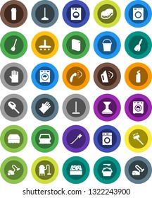 White Solid Icon Set- broom vector, vacuum cleaner, mop, bucket, sponge, car fetlock, steaming, washer, washing powder, cleaning agent, rubber glove