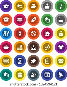 White Solid Icon Set- broom vector, towel, bath, plates, pan, cake, paper pin, sand clock, dollar calendar, clipboard, t shirt, heart monitor, prohibition sign, gymnast rings, chromosomes, usb modem