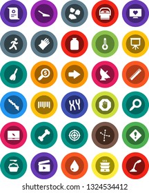 White Solid Icon Set- broom vector, scoop, water drop, washing powder, rubber glove, garbage pile, jar, ruler, certificate, presentation, magnifier, constellation, crisis, money search, target, bone