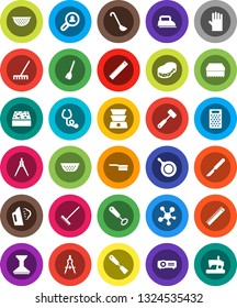 White Solid Icon Set- broom vector, fetlock, rake, sponge, car, steaming, rubber glove, pan, colander, whisk, spatula, ladle, meat hammer, grater, ruler, drawing compass, social media, scalpel, iron