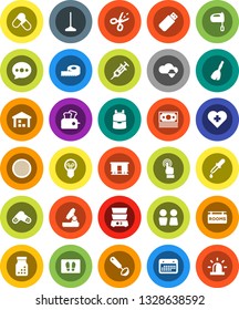 White Solid Icon Set- broom vector, mop, welcome mat, water closet, ladle, mixer, double boiler, sieve, backpack, microscope, measuring, pills, heart cross, money, calendar, warehouse, touchscreen