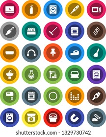 White Solid Icon Set- broom vector, rake, sponge, washer, cleaning agent, sink, oven, magnet, flask, measuring, hoop, equalizer, headphones, notebook pc, thumbtack, hdmi, jack, thermometer, crutches
