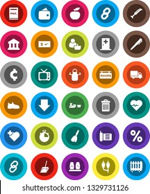 White Solid Icon Set- broom vector, scoop, trash bin, apron, spices, pen, bank, arrow down, cent sign, diet, heart pulse, stopwatch, snickers, cross, phone, delivery, port, tv, link, rca, chain