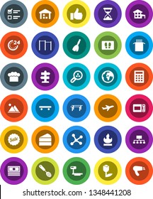White Solid Icon Set- broom vector, welcome mat, cook hat, skimmer, pasta, cake, exam, cash, hierarchy, horizontal bar, skateboard, signpost, earth, plane, tulip, warehouse, flammable, big scales