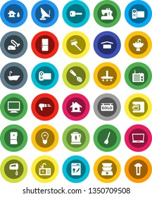 White Solid Icon Set- broom vector, vacuum cleaner, bath, sink, skimmer, dry cargo, key, house, chalet, sold signboard, fridge, dishwasher, mixer, coffee maker, monitor, hair dryer, video camera