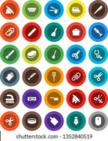 White Solid Icon Set- broom vector, fetlock, sponge, iron, rubber glove, pan, colander, cook press, rolling pin, cutting board, blender, sieve, pen, ruler, scissors, crutches, stethoscope, coupon