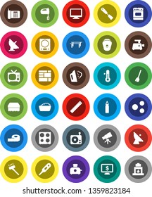 White Solid Icon Set- broom vector, vacuum cleaner, sponge, steaming, foam basin, spatula, mixer, oven, thermometer, ruler, telescope, monitor dollar, measuring, horizontal bar, punching bag, radio