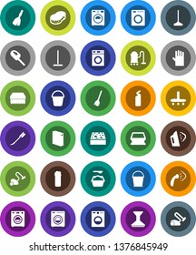 White Solid Icon Set- broom vector, vacuum cleaner, mop, bucket, sponge, car fetlock, steaming, washer, washing powder, cleaning agent, rubber glove