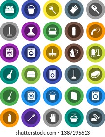 White Solid Icon Set- broom vector, vacuum cleaner, mop, bucket, sponge, car fetlock, steaming, washer, washing powder, cleaning agent, rubber glove