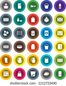 White Solid Icon Set- bucket vector, trash bin, garbage pile, measuring cup, jug, sieve, jar, water bottle, sea container, port, wood box, consolidated cargo, package, oil barrel, shelving, fridge