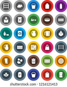 White Solid Icon Set- bucket vector, trash bin, garbage pile, measuring cup, jug, sieve, jar, enegry drink, water bottle, sea container, port, wood box, consolidated cargo, package, oil barrel