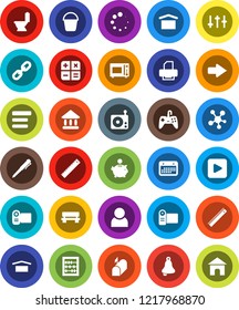 White Solid Icon Set- bucket vector, toilet, microwave oven, ruler, pen, bell, abacus, university, piggy bank, calendar, dry cargo, radio, settings, social media, play button, menu, bench, arrow