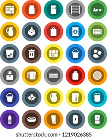 White Solid Icon Set- bucket vector, trash bin, garbage pile, measuring cup, jug, sieve, jar, enegry drink, water bottle, sea container, port, wood box, consolidated cargo, package, oil barrel