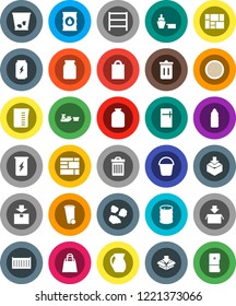 White Solid Icon Set- bucket vector, trash bin, garbage pile, measuring cup, jug, sieve, jar, enegry drink, water bottle, sea container, port, consolidated cargo, package, oil barrel, shelving