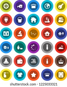 White Solid Icon Set- bucket vector, sprayer, cake, oil, microscope, constellation, wallet, tie, scales, medal, pool, earth, port, dry cargo, router, home, loading, house, cottage, chalet, mountain