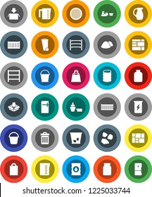 White Solid Icon Set- bucket vector, trash bin, garbage pile, measuring cup, jug, sieve, jar, enegry drink, sea container, port, consolidated cargo, oil barrel, shelving, shopping bag, package