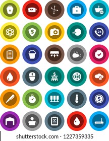White Solid Icon Set- bucket vector, water drop, chicken leg, case, atom, pen, constellation, dollar coin, bank building, tie, stopwatch, phone 24, clipboard, protected, camera, video, insemination