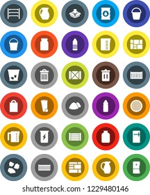 White Solid Icon Set- bucket vector, trash bin, garbage pile, measuring cup, jug, sieve, jar, enegry drink, water bottle, sea container, wood box, consolidated cargo, oil barrel, shelving, package