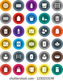 White Solid Icon Set- bucket vector, trash bin, garbage pile, measuring cup, sieve, jar, enegry drink, water bottle, sea container, port, wood box, consolidated cargo, package, oil barrel, shelving