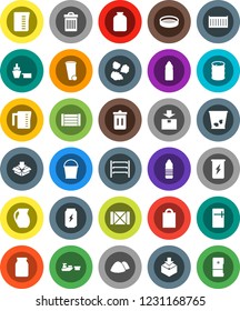 White Solid Icon Set- bucket vector, trash bin, garbage pile, measuring cup, jug, sieve, jar, enegry drink, water bottle, sea container, port, wood box, package, oil barrel, shelving, shopping bag