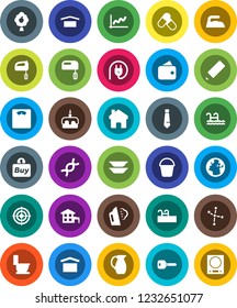 White Solid Icon Set- bucket vector, iron, steaming, toilet, plates, jug, cake, pencil, constellation, graph, tie, scales, target, pills, earth, dry cargo, dna, home, key, cottage, pool, fruit tree