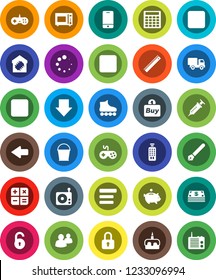 White Solid Icon Set- bucket vector, microwave oven, cake, pen, ruler, piggy bank, calculator, arrow down, roller Skates, radio, gamepad, remote control, mobile phone, group, pause button, forward