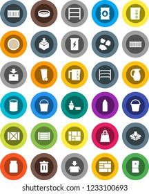 White Solid Icon Set- bucket vector, trash bin, garbage pile, measuring cup, jug, sieve, jar, enegry drink, water bottle, sea container, port, wood box, consolidated cargo, package, oil barrel