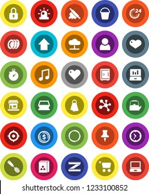 White Solid Icon Set- bucket vector, sponge, towel, plates, kettle, skimmer, rolling pin, cereal, music, dollar coin, laptop graph, target, arrow up, safe, measuring, stopwatch, molecule, hoop, user